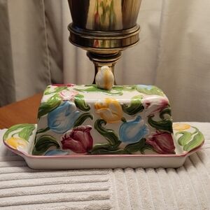 Temptations Tulip Floral Design Covered Butter Dish